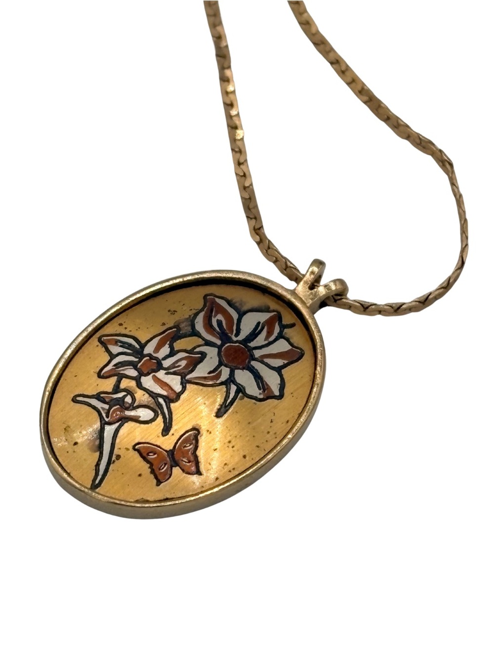 Reed & Barton Gold-Tone Floral Enamel Oval Pendant Necklace July Larkspur